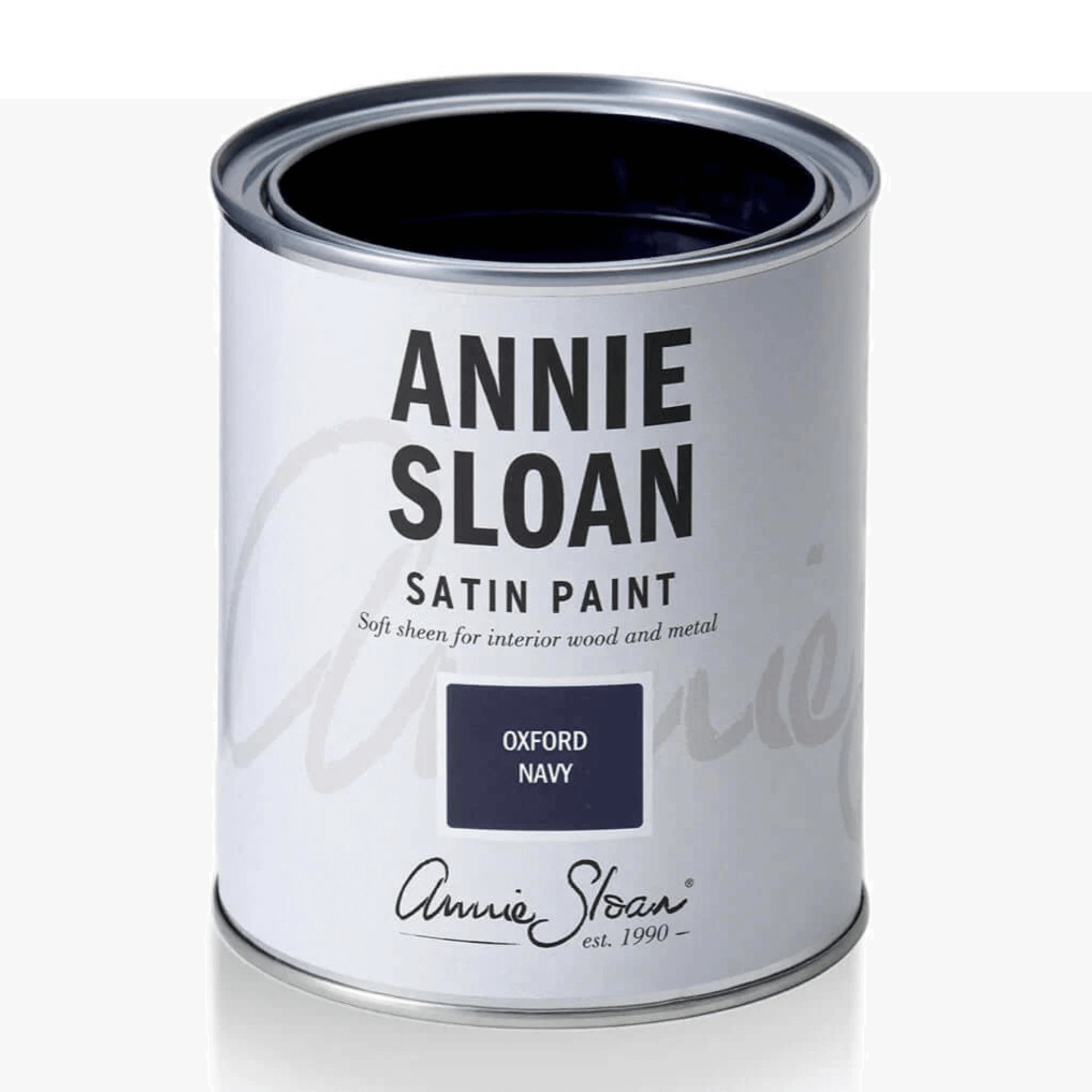 Oxford Navy - Annie Sloan Satin Paint can showcasing navy blue shade for interior wood and metal.