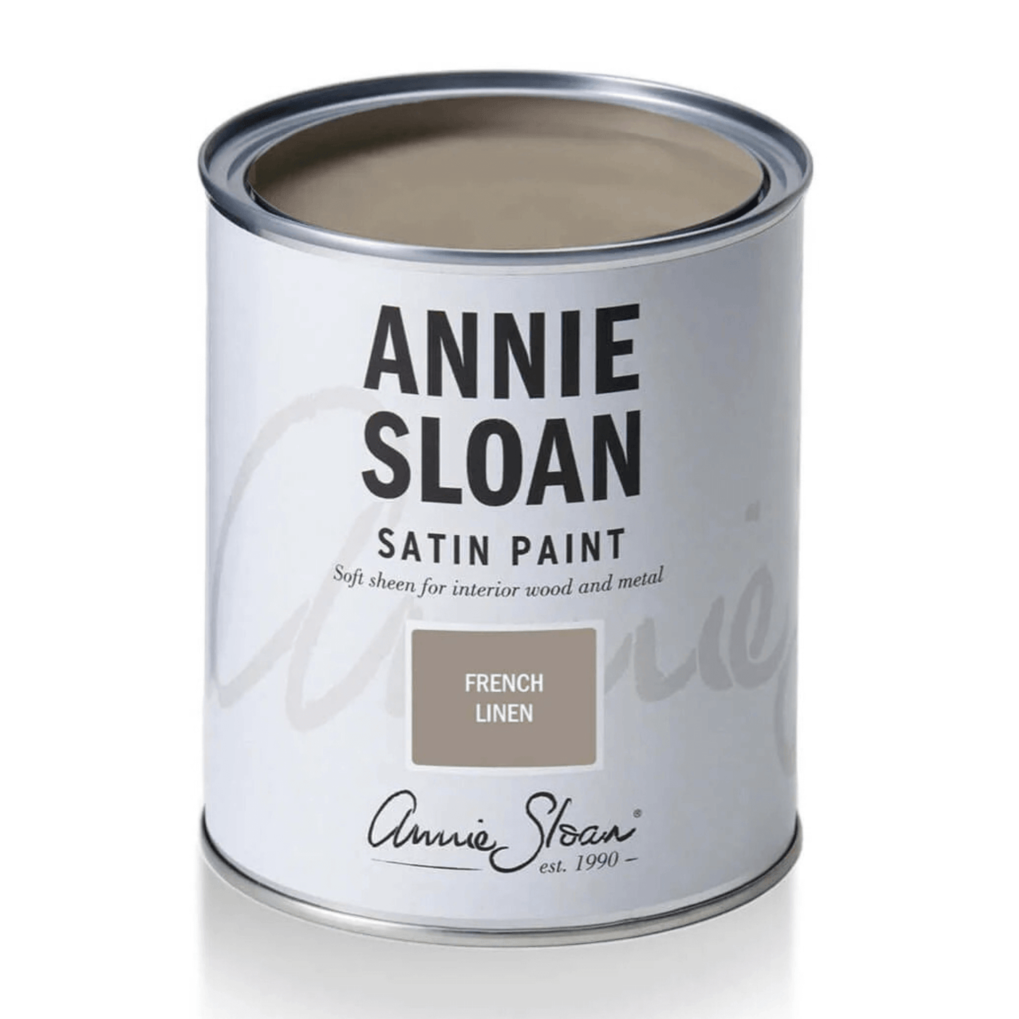 French Linen - Annie Sloan Satin Paint can showcasing soft sheen for interior wood and metal.