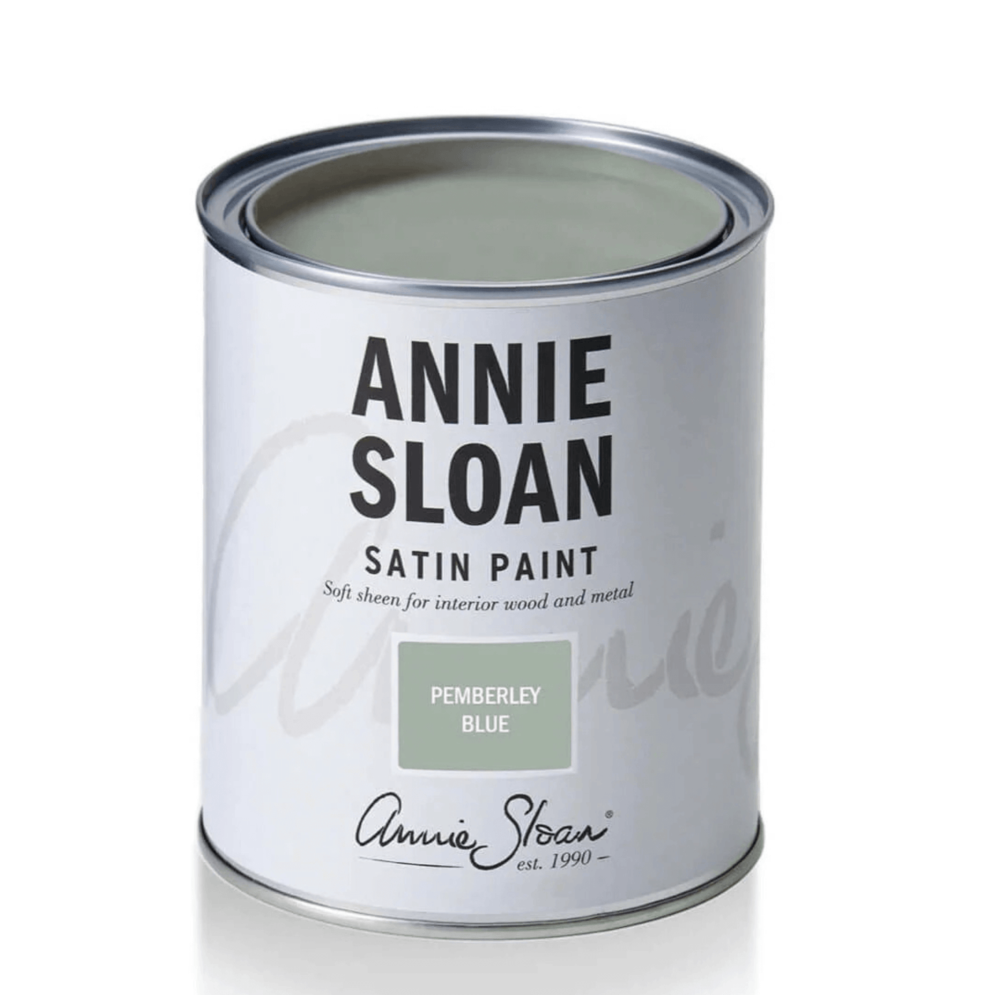 Pemberley Blue - Annie Sloan Satin Paint in a can, showcasing its elegant pastel blue color and branding details.