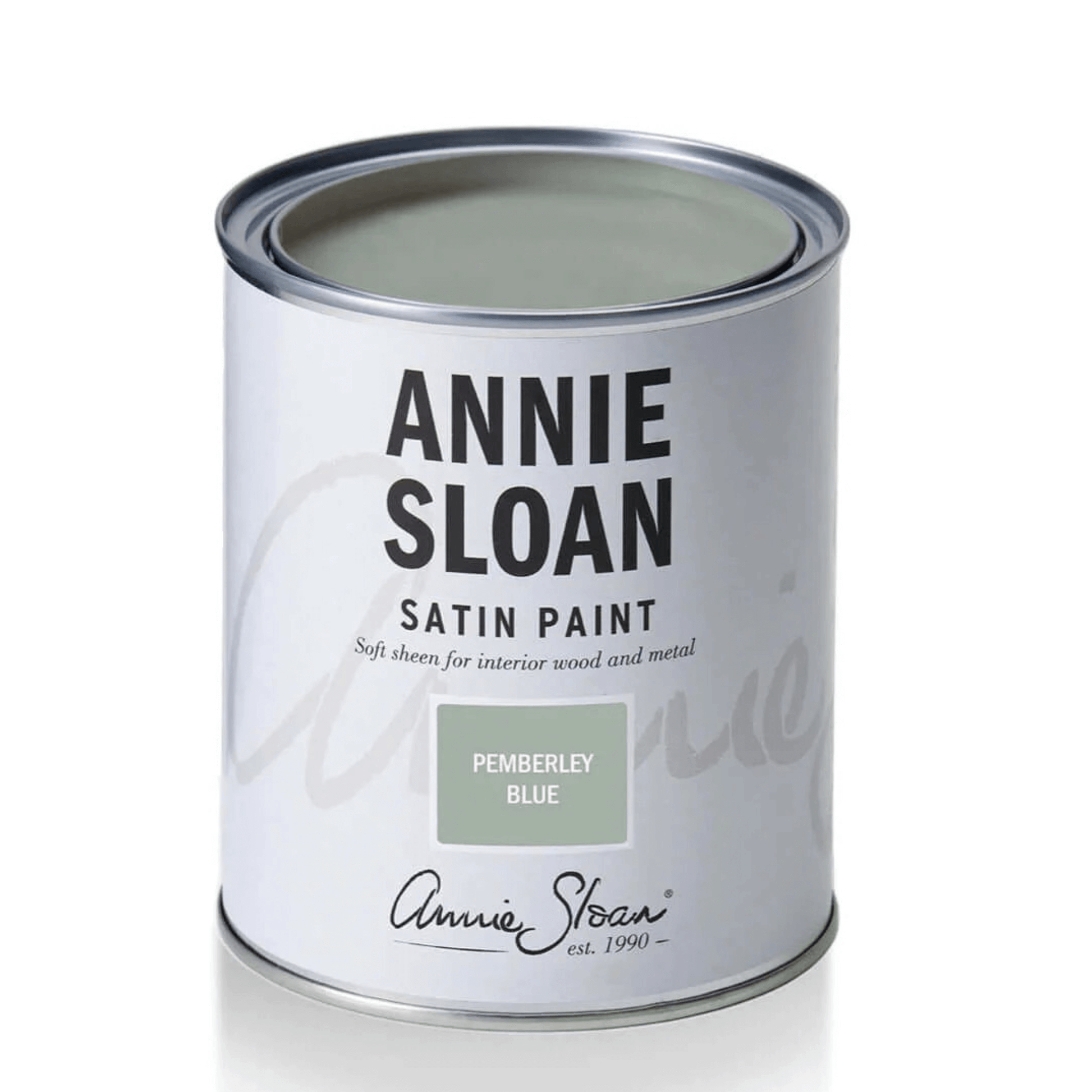 Pemberley Blue - Annie Sloan Satin Paint in a can, showcasing its elegant pastel blue color and branding details.