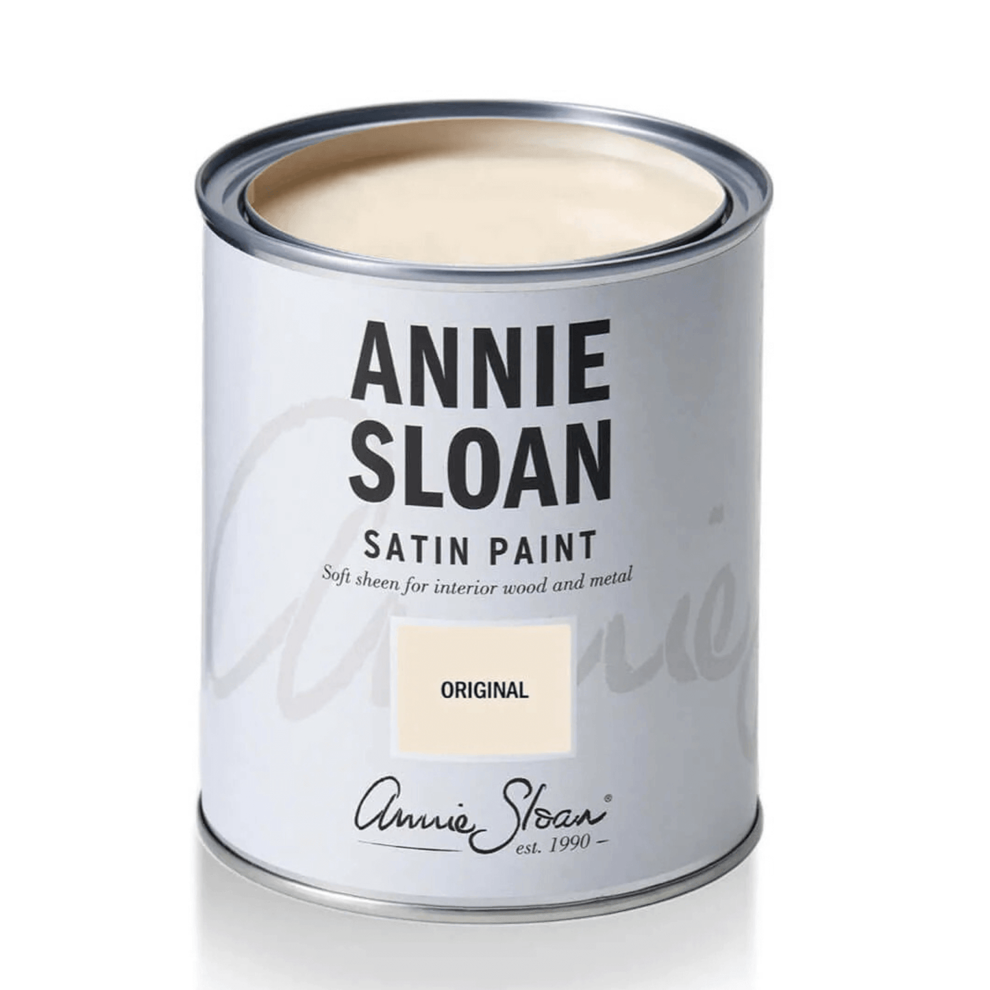Original - Annie Sloan Satin Paint can featuring creamy white color for interior use.