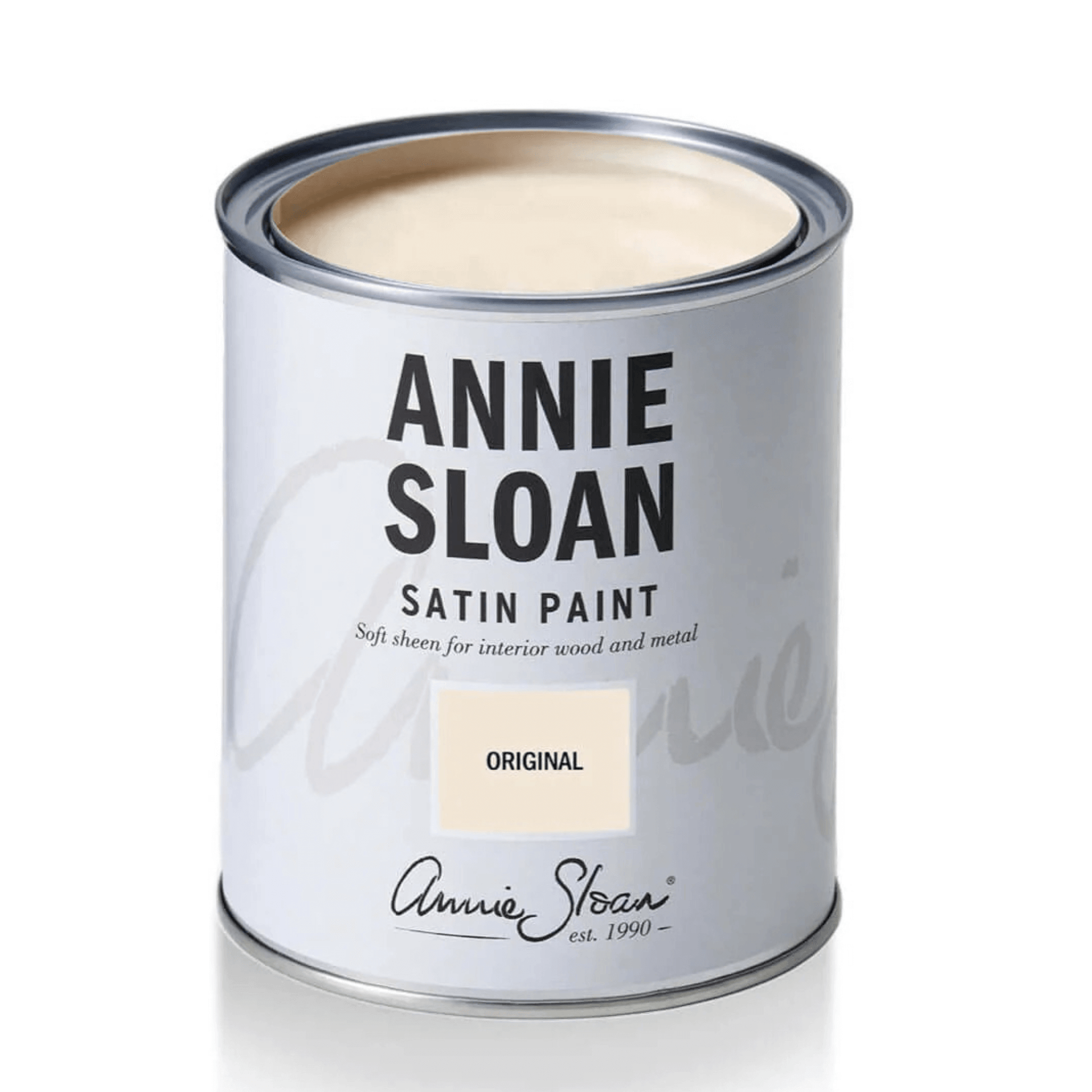 Original - Annie Sloan Satin Paint can featuring creamy white color for interior use.