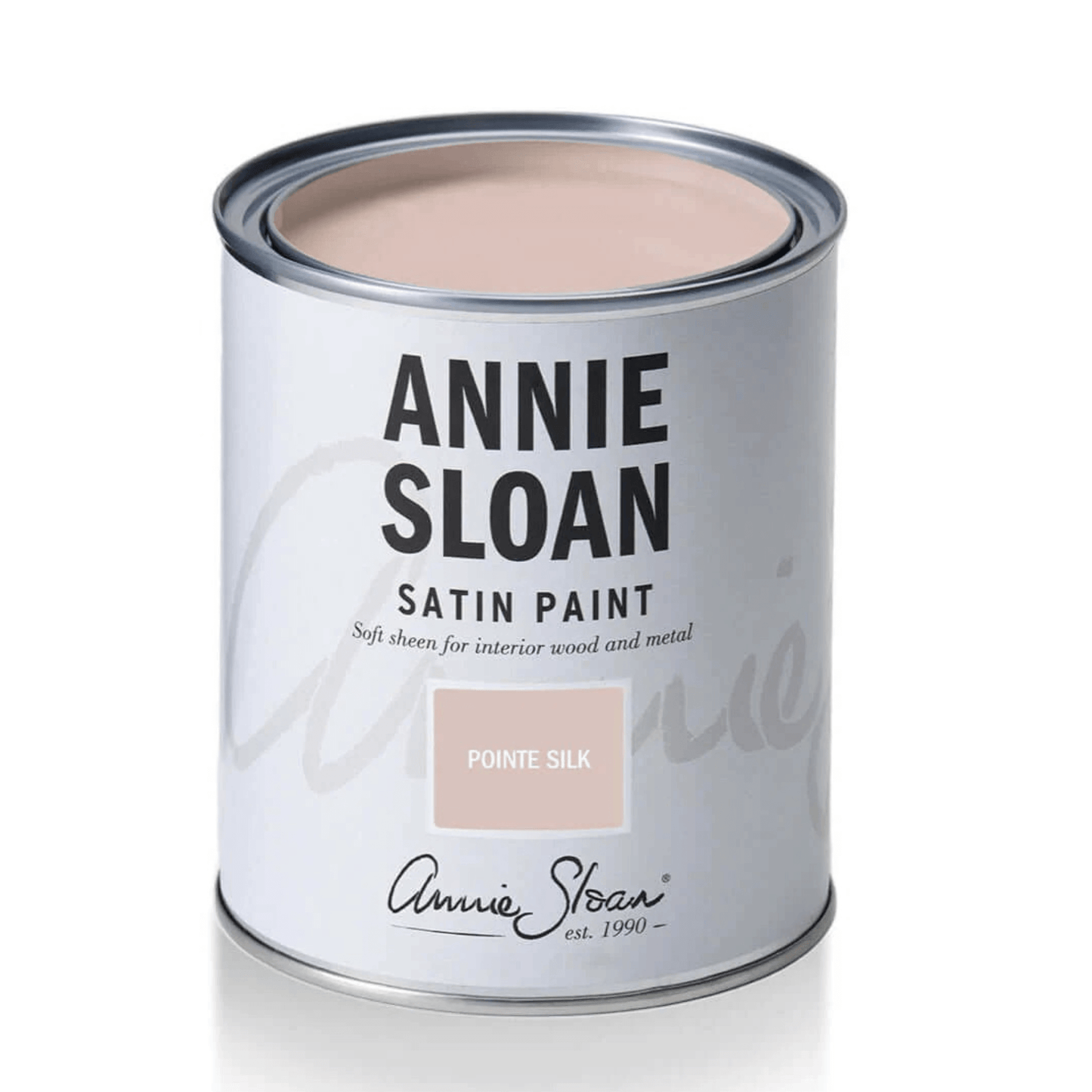 Pointe Silk - Annie Sloan Satin Paint can with soft cool-toned pink color for interior use.