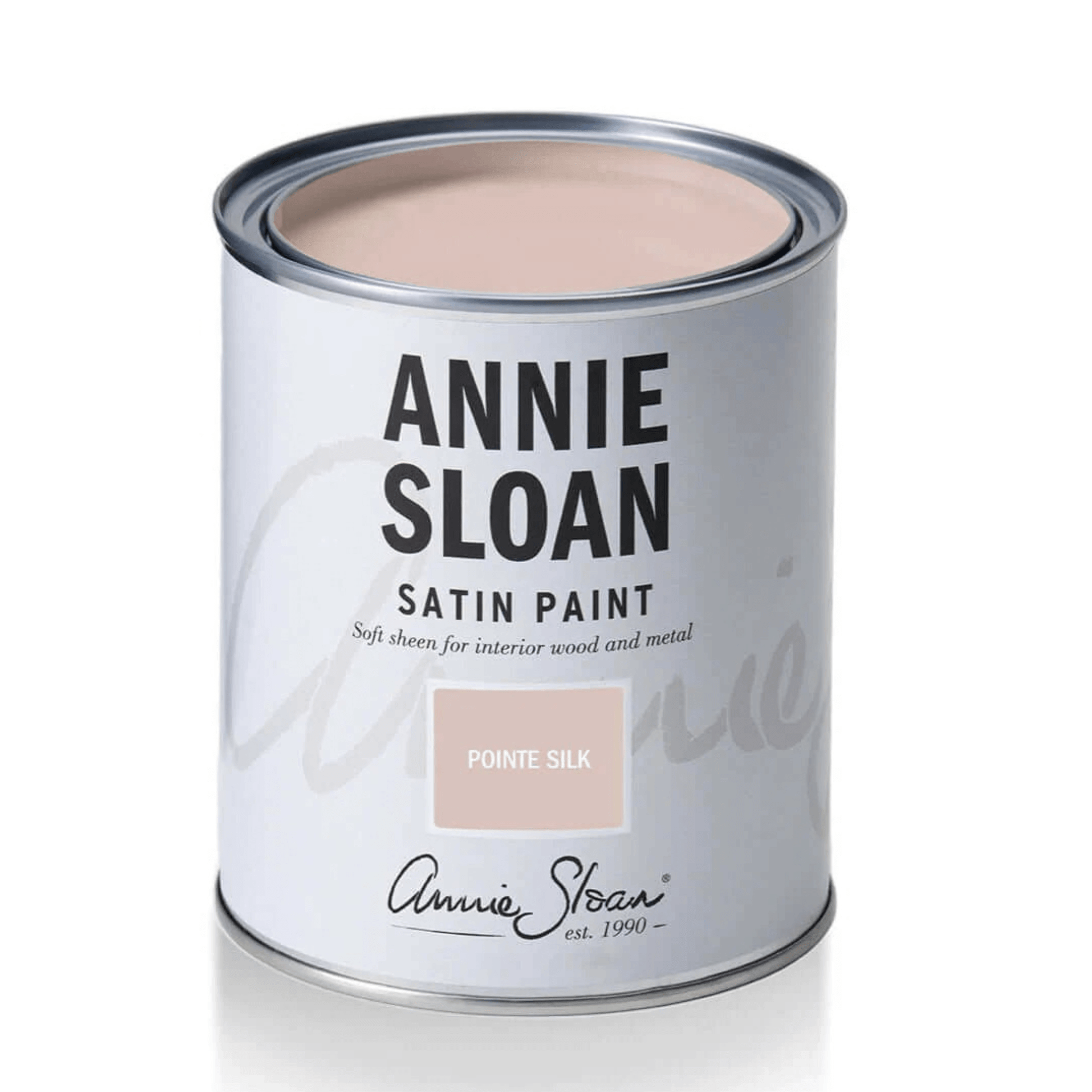 Pointe Silk - Annie Sloan Satin Paint can with soft cool-toned pink color for interior use.