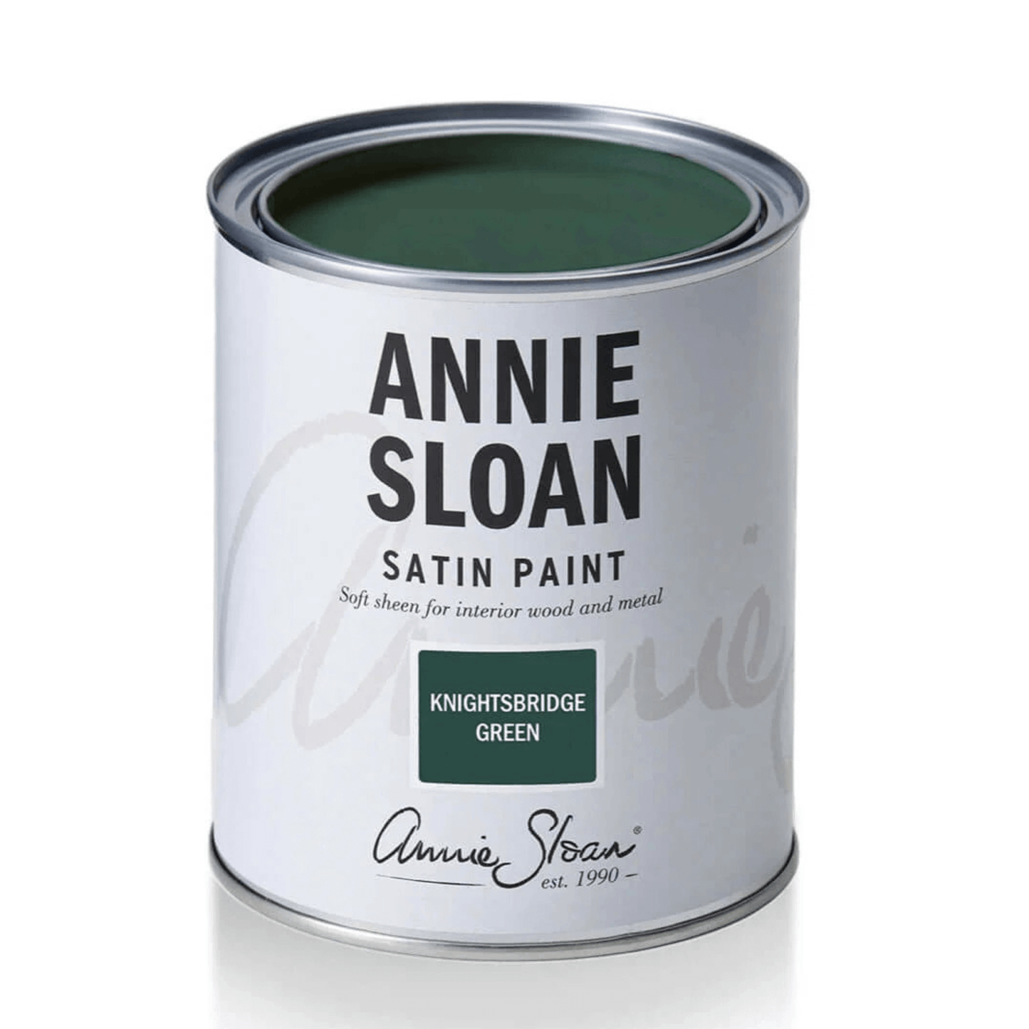 Knightsbridge Green - Annie Sloan Satin Paint can showing rich forest green color and elegant labeling.