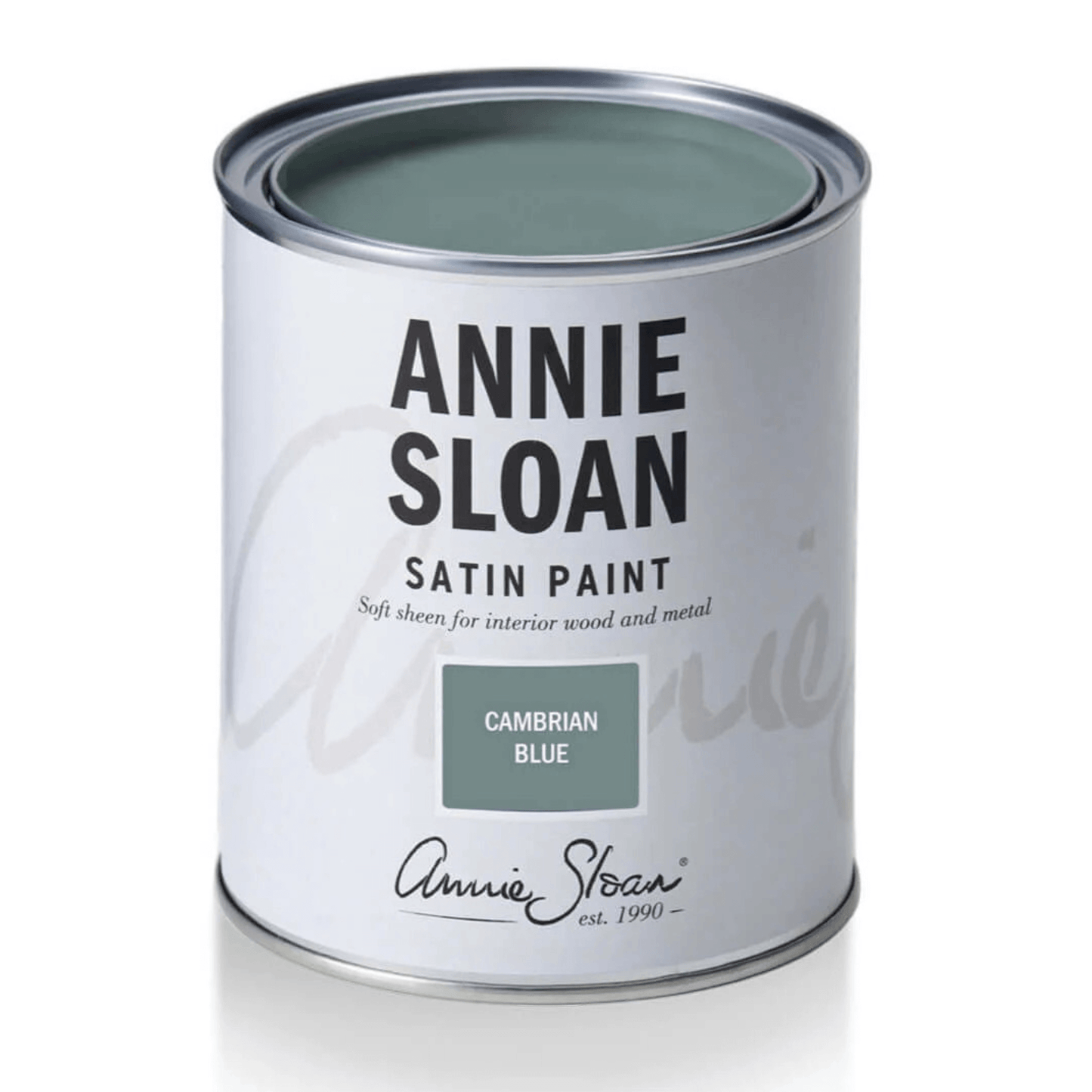 Cambrian Blue - Annie Sloan Satin Paint can showcasing its denim blue color and soft sheen finish.