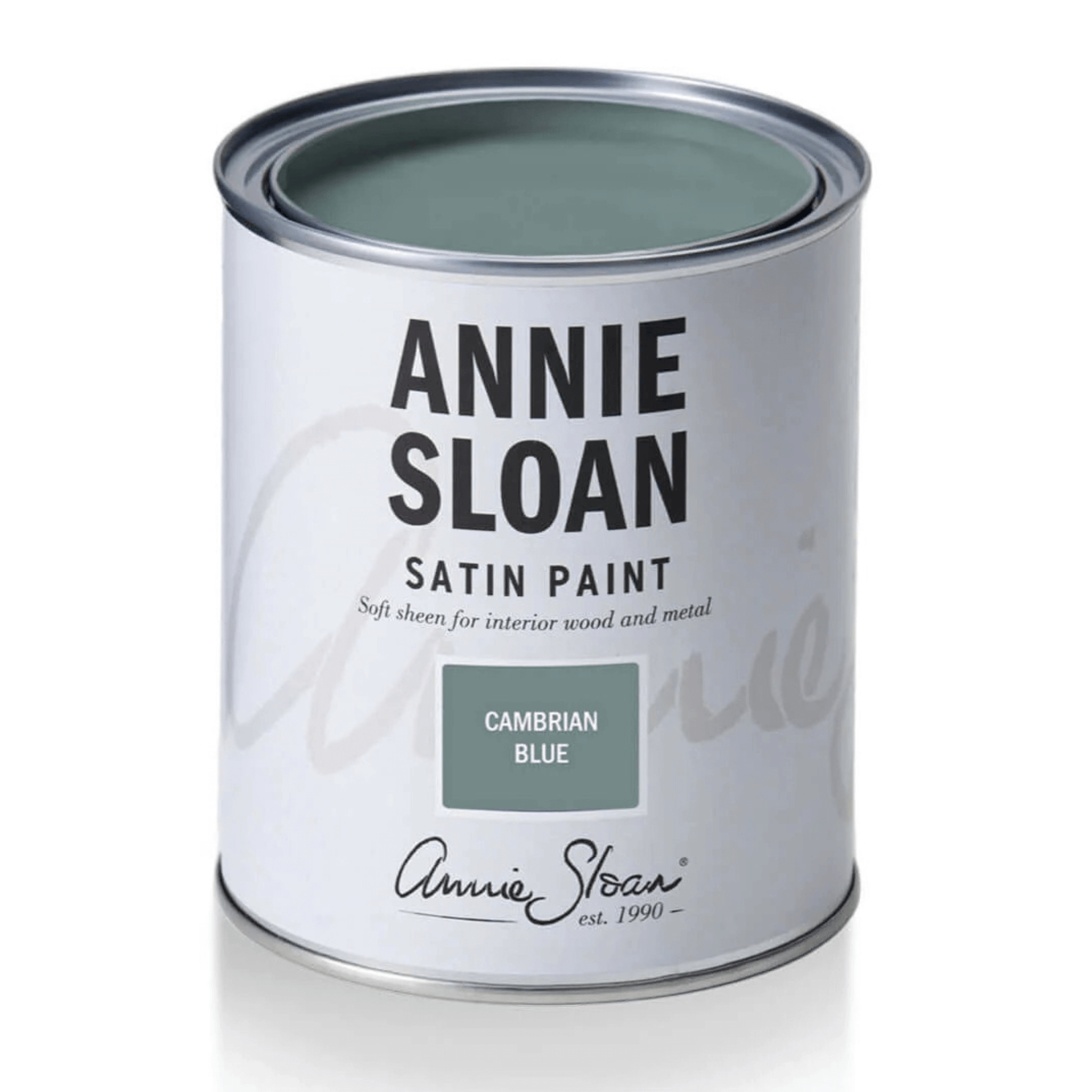 Cambrian Blue - Annie Sloan Satin Paint can showcasing its denim blue color and soft sheen finish.