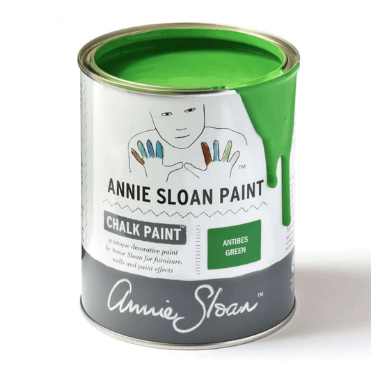 Tin of Annie Sloan Chalk Paint in Antibes Green with open lid showing vibrant green paint, perfect for furniture upcycling and creative DIY projects