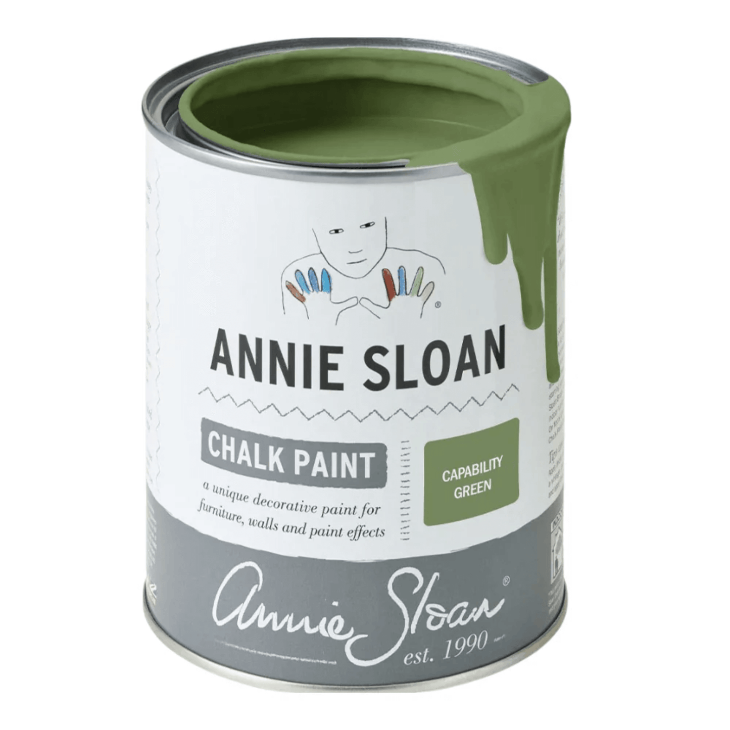 Capability Green Annie Sloan Chalk Paint can with paint dripping from the edge.