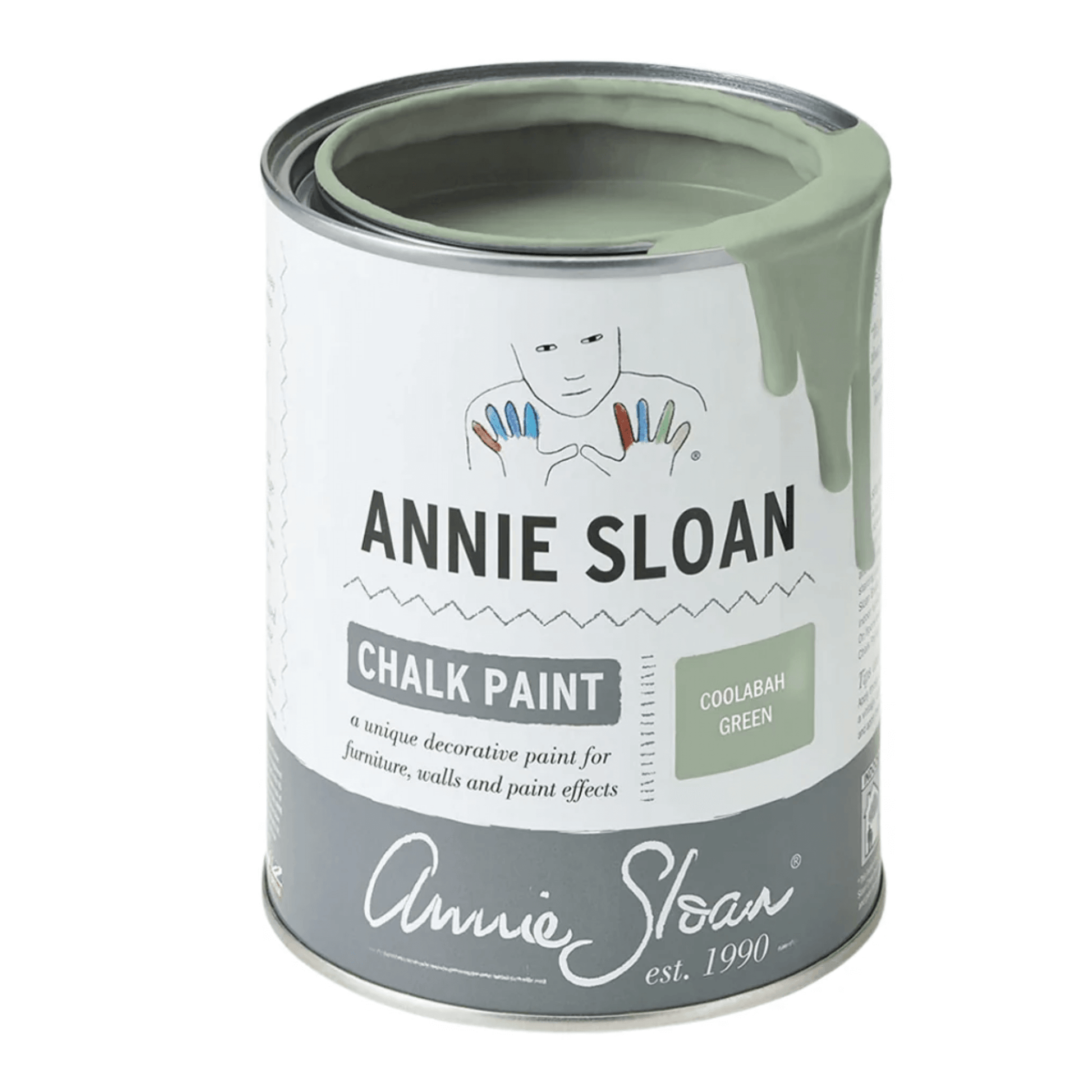 Coolabah Green Annie Sloan Chalk Paint® can with paint oozing from the top, showcasing its versatile muted blue-green color.