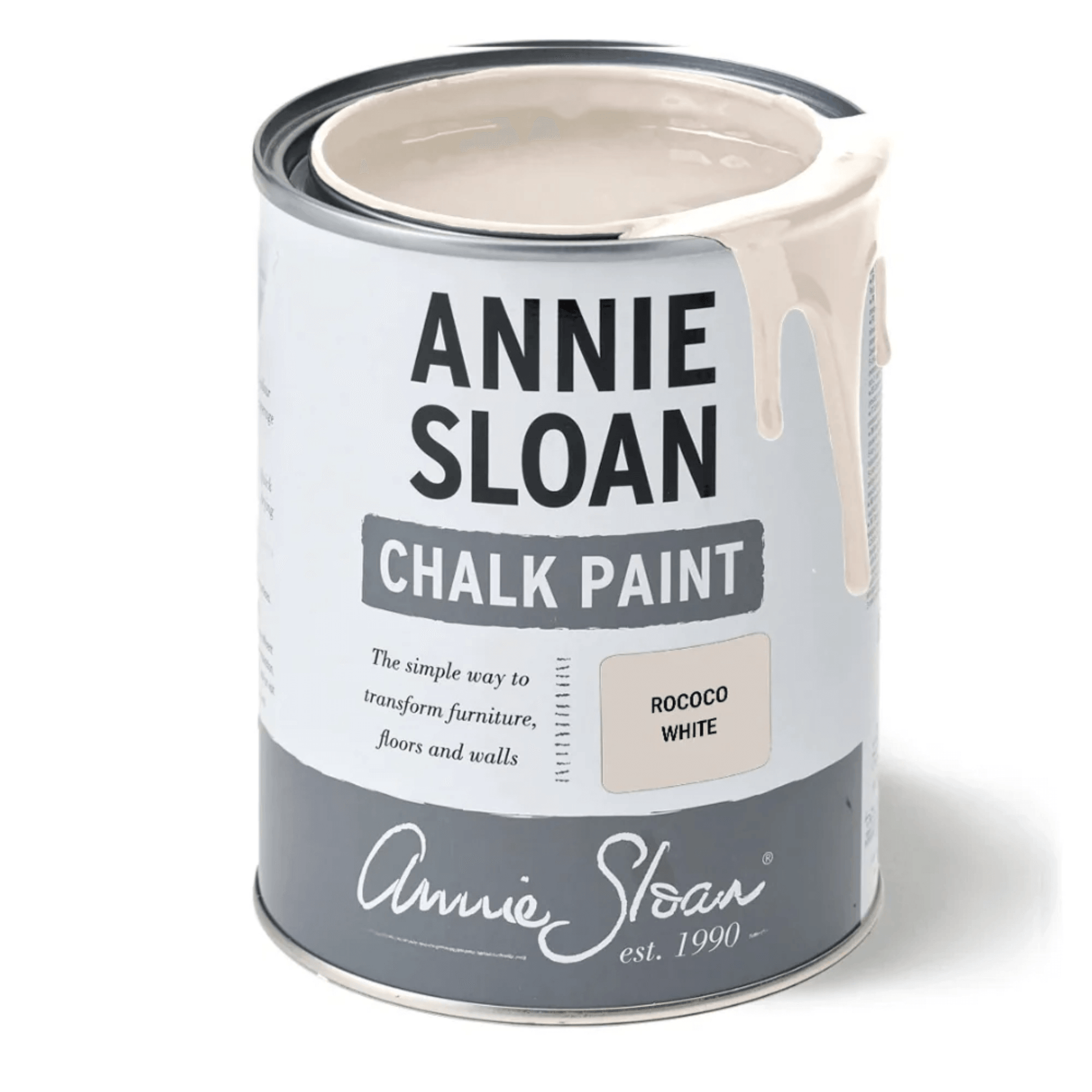 Can of Rococo White Annie Sloan Chalk Paint, a soft romantic white for transforming furniture and walls.