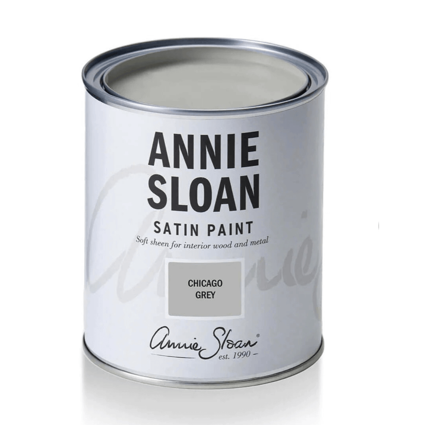 Chicago Grey - Annie Sloan Satin Paint can showcasing the soft sheen for interior wood and metal.