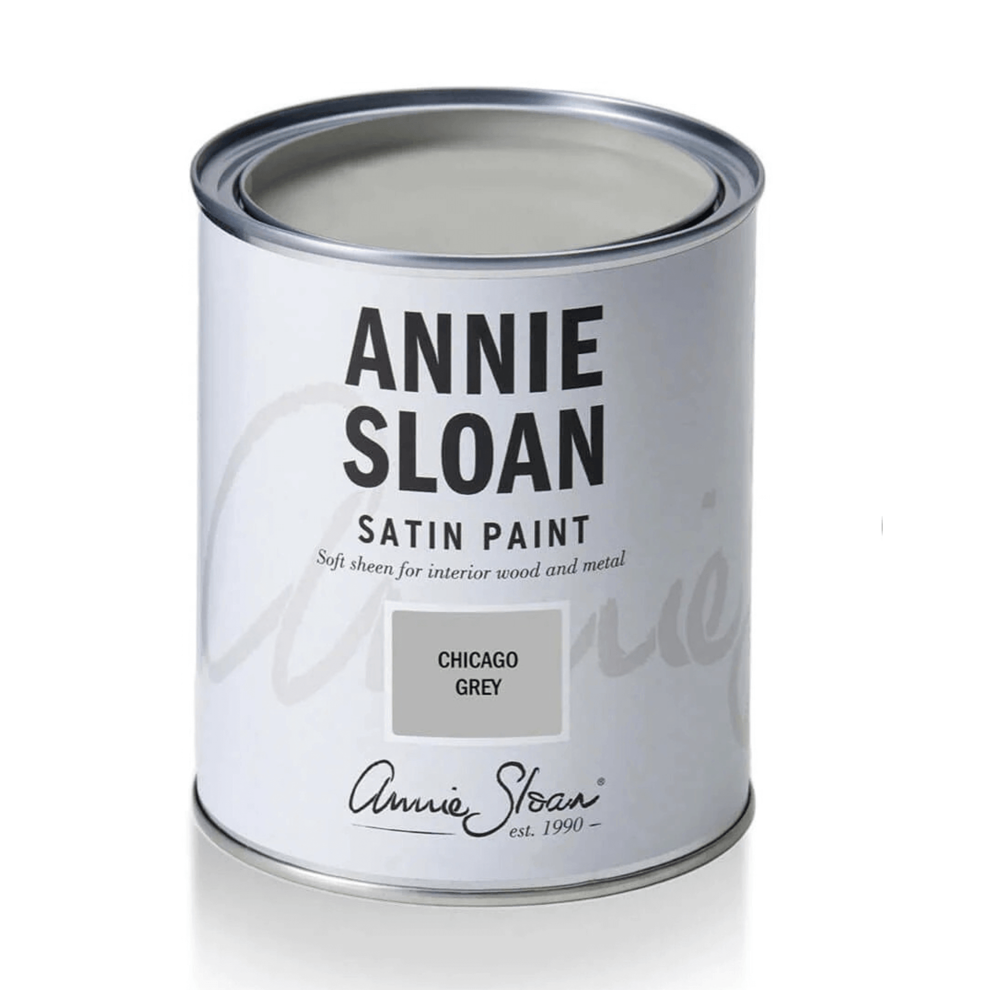 Chicago Grey - Annie Sloan Satin Paint can showcasing the soft sheen for interior wood and metal.
