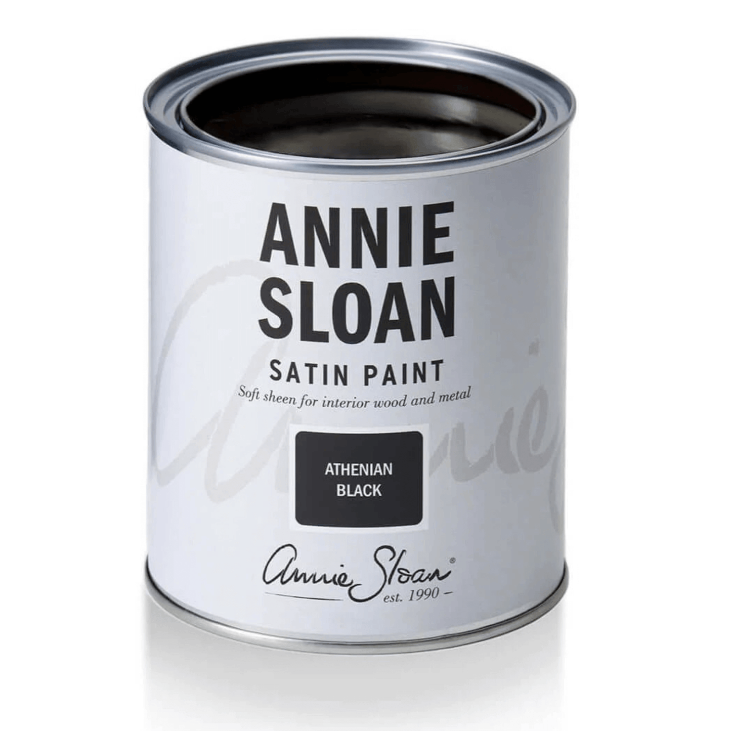 Athenian Black - Annie Sloan Satin Paint can with soft sheen for interior wood and metal surfaces.