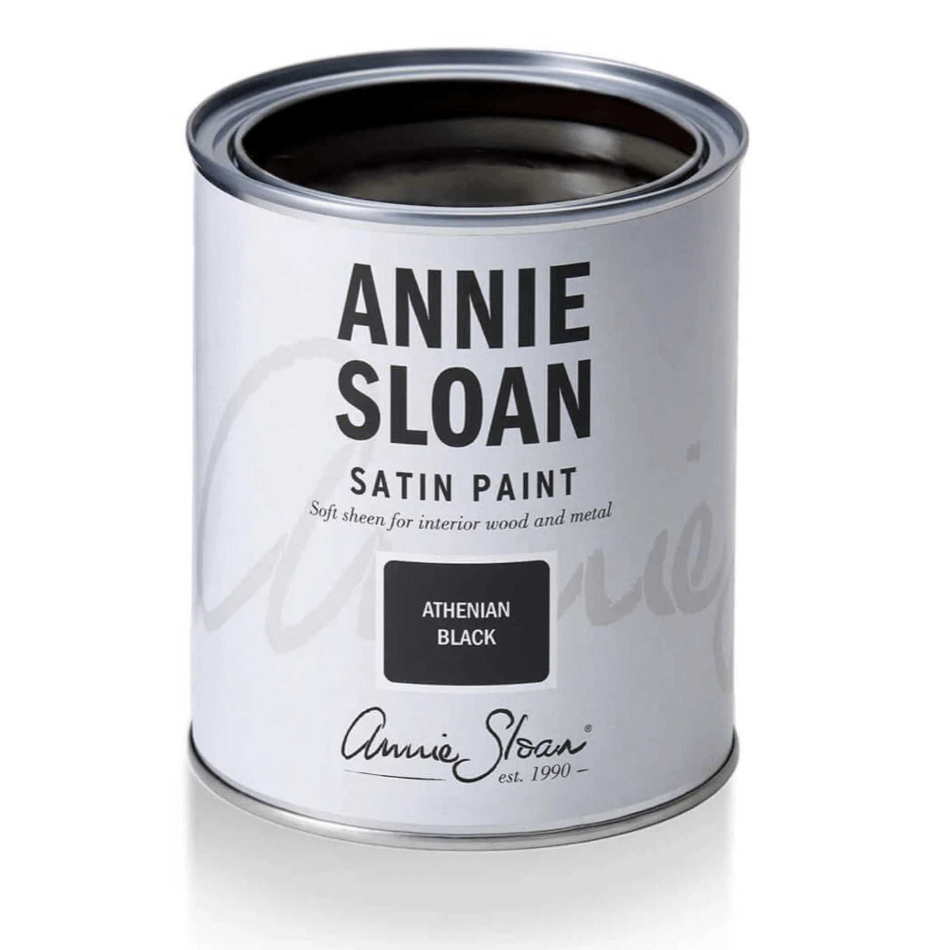 Athenian Black - Annie Sloan Satin Paint can with soft sheen for interior wood and metal surfaces.