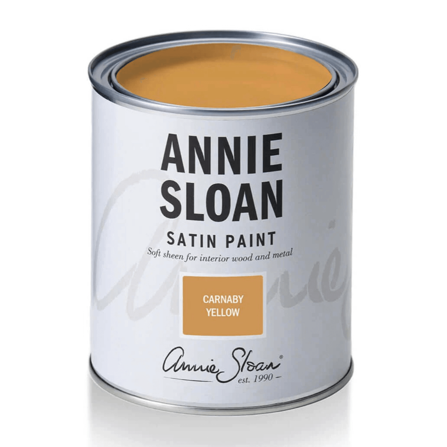 Carnaby Yellow - Annie Sloan Satin Paint can showcasing its rich mustard yellow color and branding.