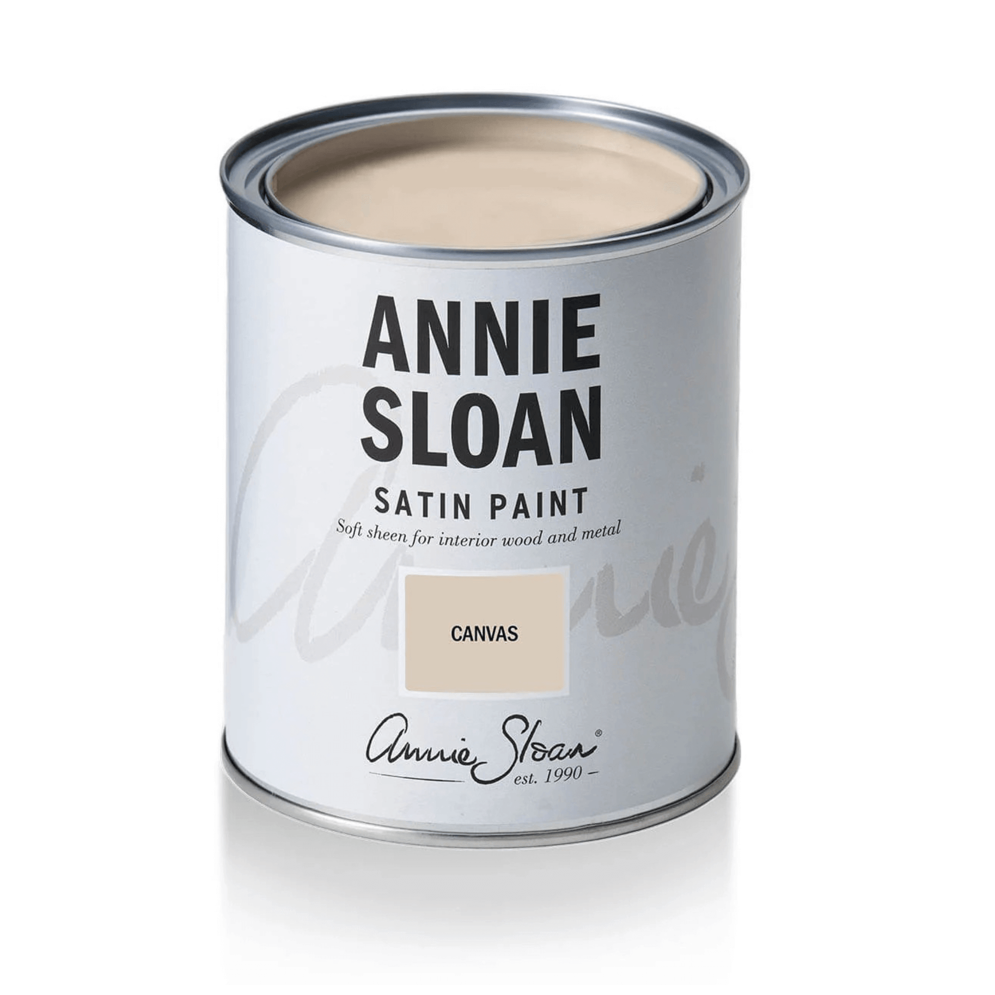 Canvas - Annie Sloan Satin Paint in a can, showcasing its beige-white shade and brand details