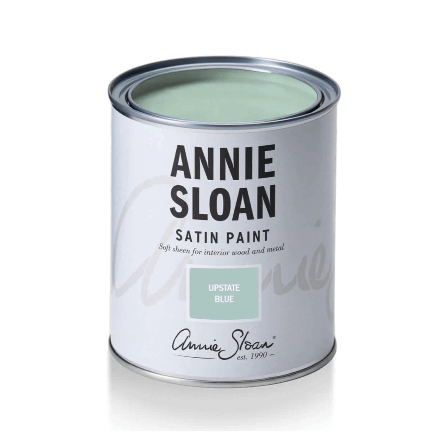 Upstate Blue - Annie Sloan Satin Paint tin showcasing soft sheen for wood and metal interiors.