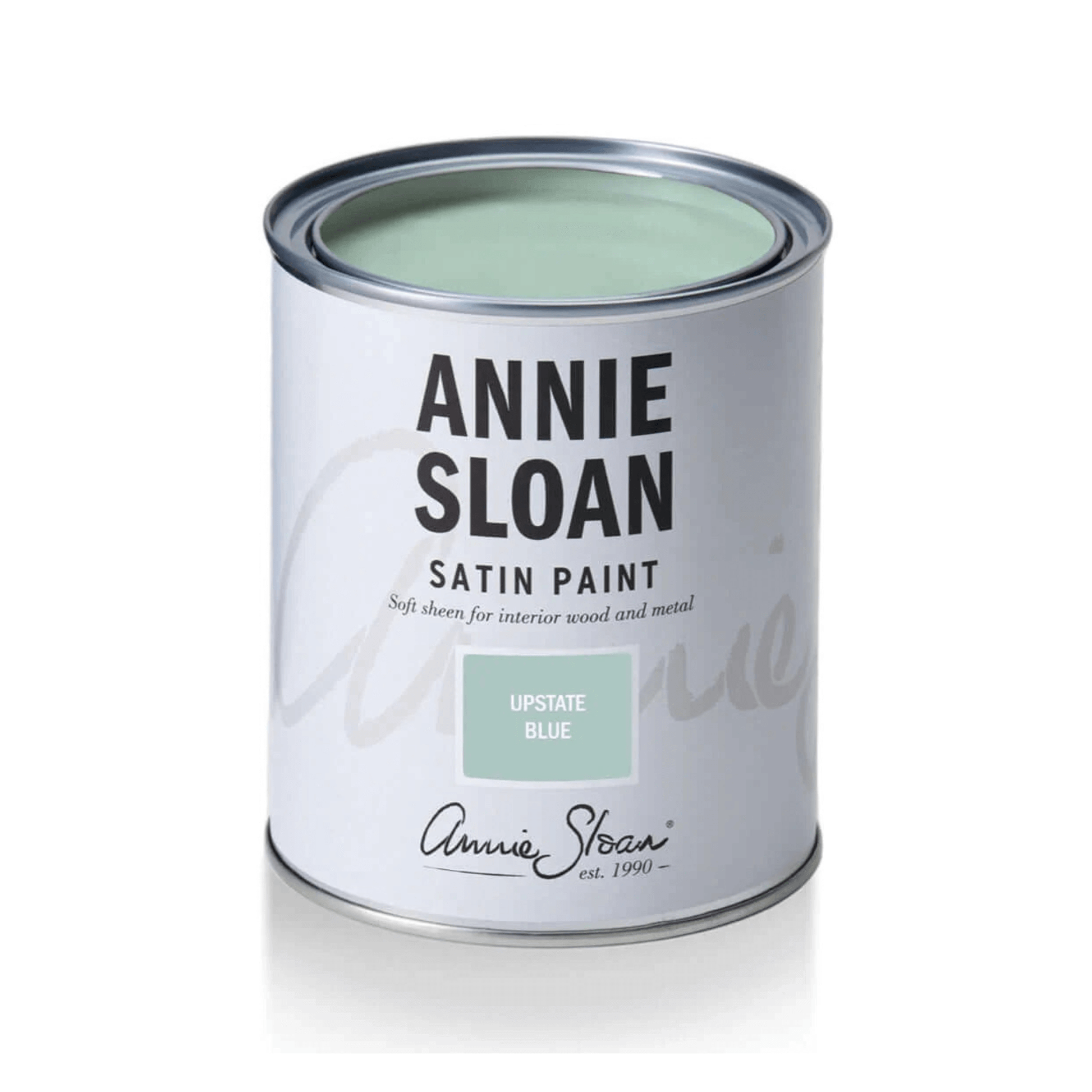Upstate Blue - Annie Sloan Satin Paint tin showcasing soft sheen for wood and metal interiors.