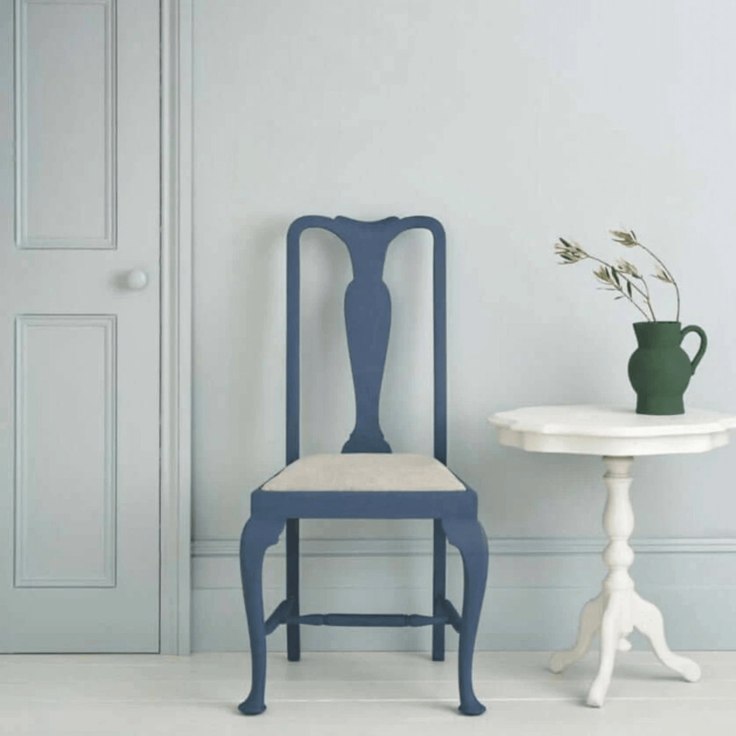 Upstate Blue - Annie Sloan Satin Paint applied on a chair in a light interior setting, exuding coastal elegance.