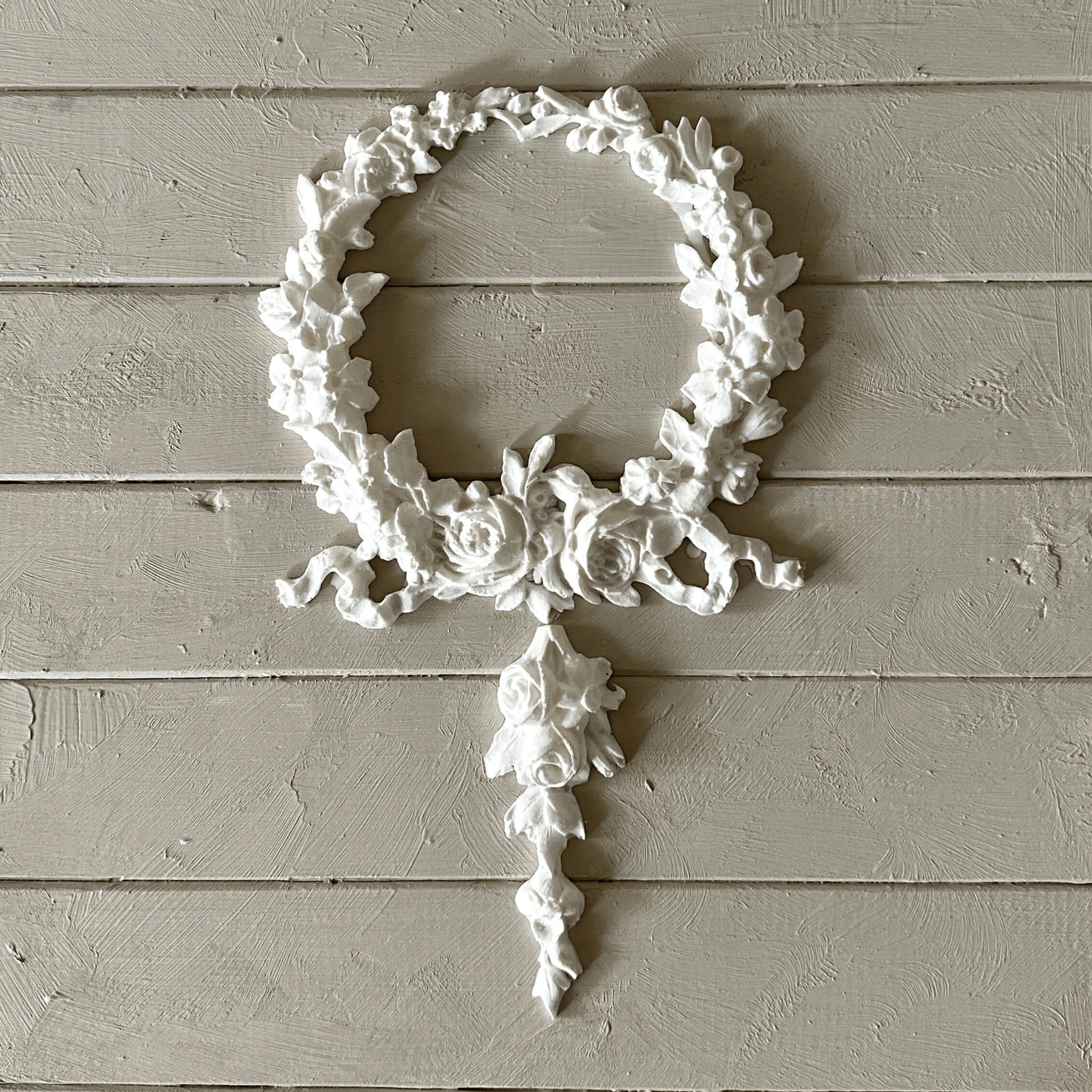 Drop 019 - Resin Applique for Furniture & Crafts decorative white floral design on a wooden background.