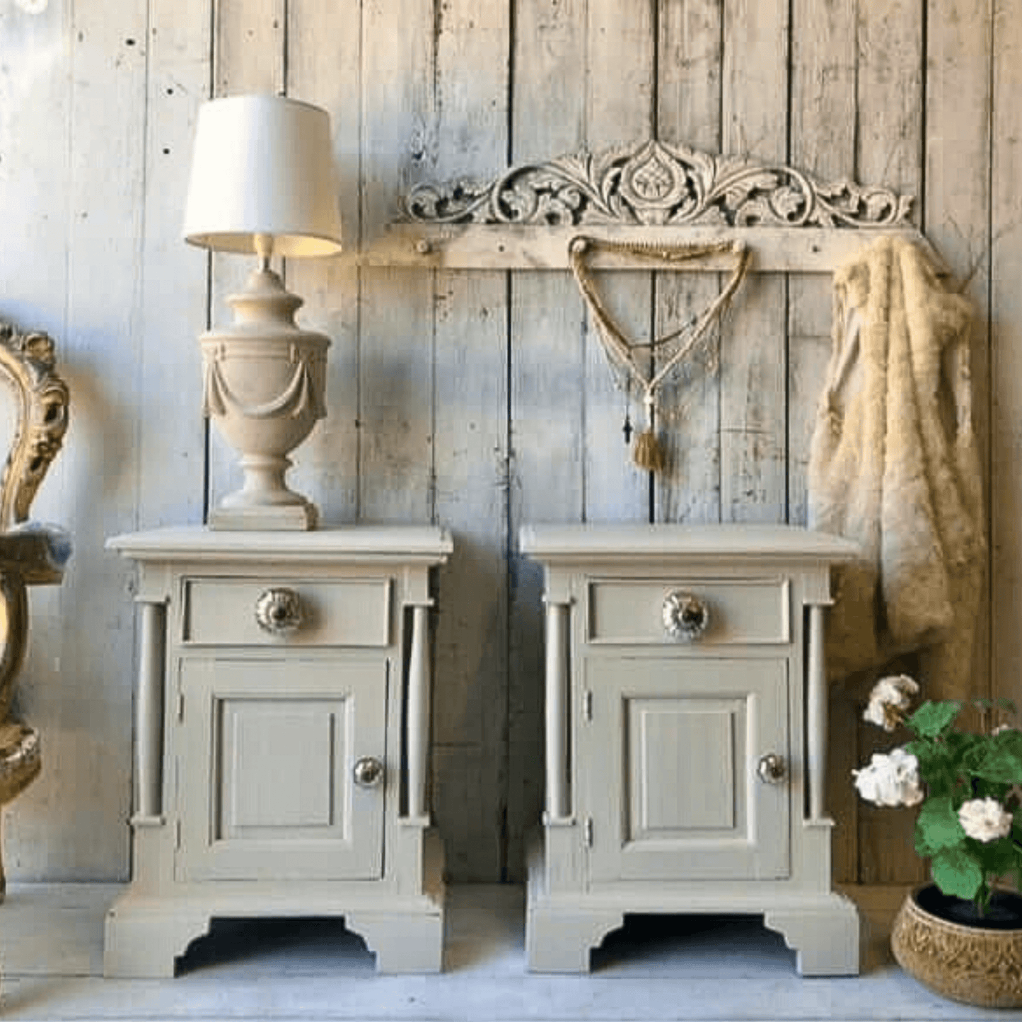 Canvas - Annie Sloan Satin Paint used on charming bedside tables with lamp and decorative elements.