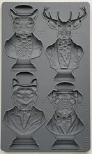 Close-up of the Invitations Only IOD Décor Mould featuring four detailed animal busts—a fox, deer, cat, and bulldog—all dressed in elegant formal attire, perfect for creative furniture and decor projects.