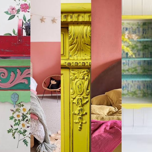 Colorful furniture transformations using Annie Sloan 101 Chalk Paint Workshop techniques for home decor inspiration.
