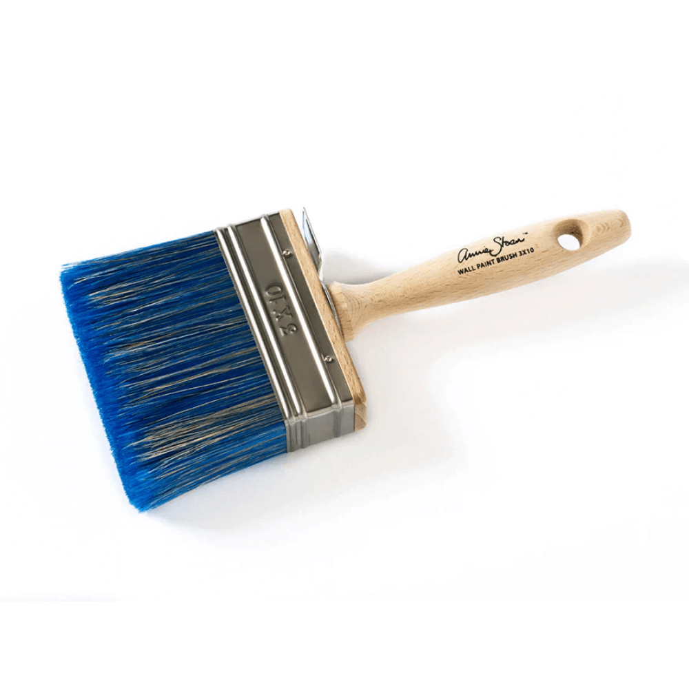 Annie Sloan Large Wall Paint Brush with blue synthetic bristles and ergonomic wooden handle, deal for apply wall paint to a broad surfaces