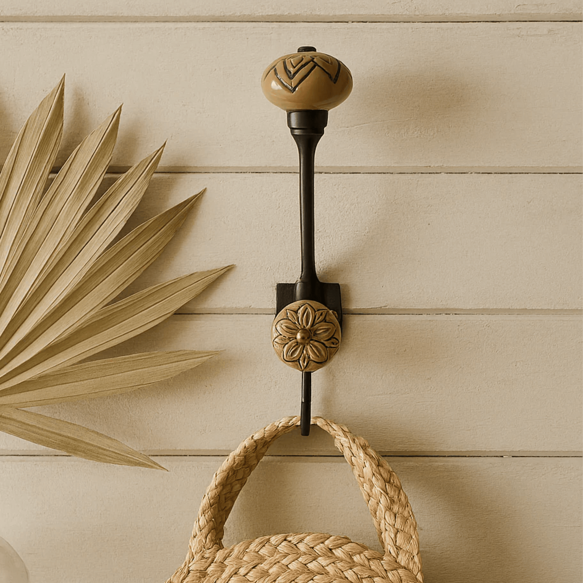 Ceramic Double Hook design in coffee and gold colors with floral and geometric patterns, decorative wall hook for home decor.