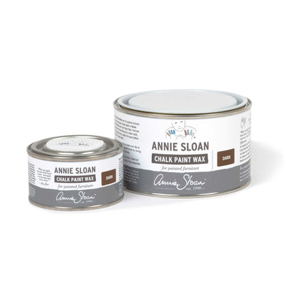 Annie Sloan Dark Chalk Paint Wax tins in 120mo and 500mp sizes, perfect for creating depth and a vintage finish on painted furniture.