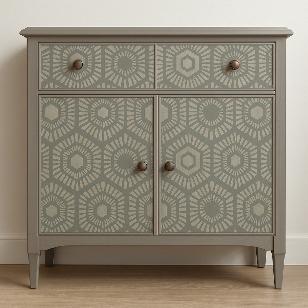 Gray cabinet with geometric pattern and wooden knobs on a plain background