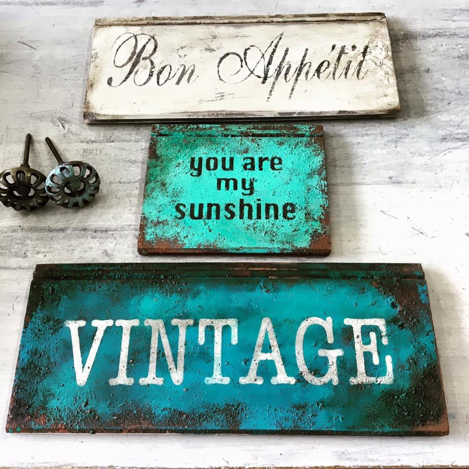 Rust & Aged Techniques Workshop decorative signs with vintage patinas and inspirational quotes.