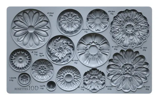 IOD Rosettes Decor Mould featuring 13 detailed floral medallions for crafting and baking.