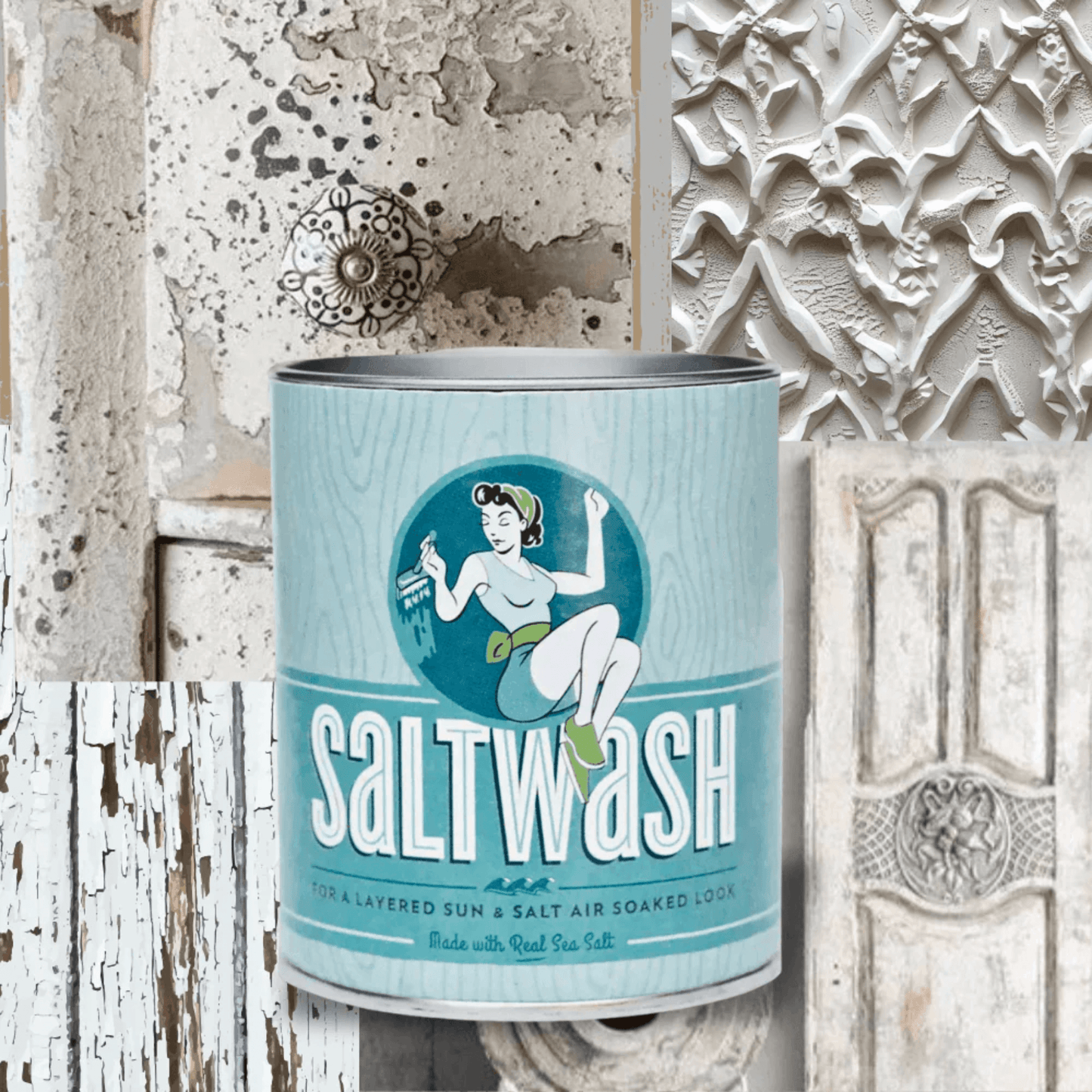Can of Saltwash against a textured wall background
