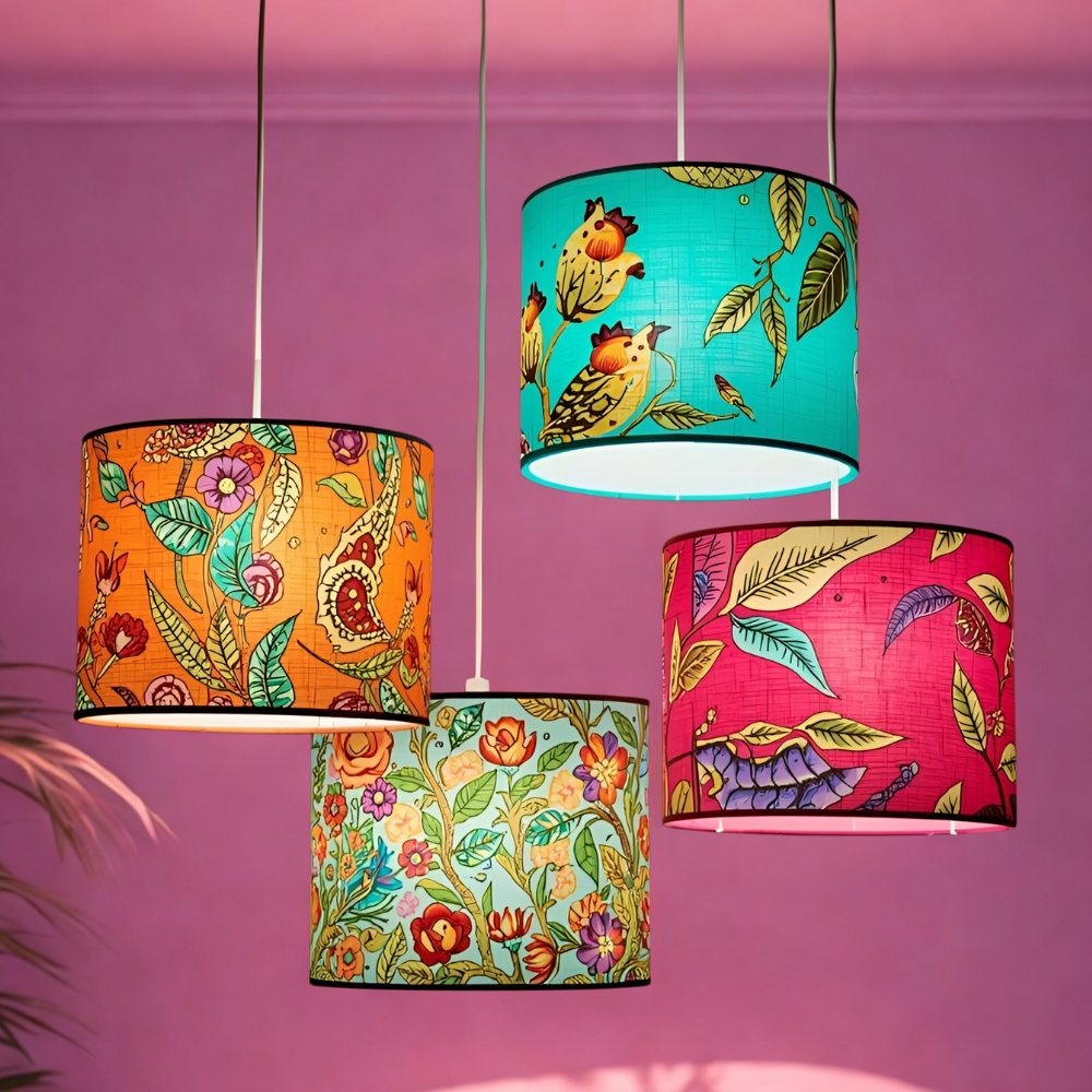 Lampshade Making Workshop - Colorful drum-style lampshades displayed in a vibrant setting.