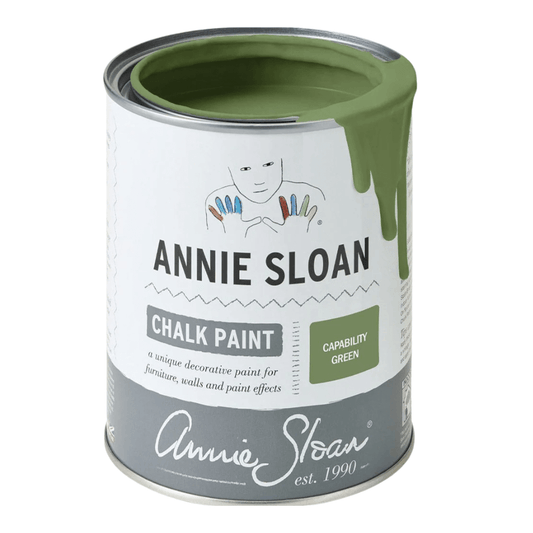 Annie Sloan Capability Green chalk paint can, ideal for painted furniture and upcycling projects.