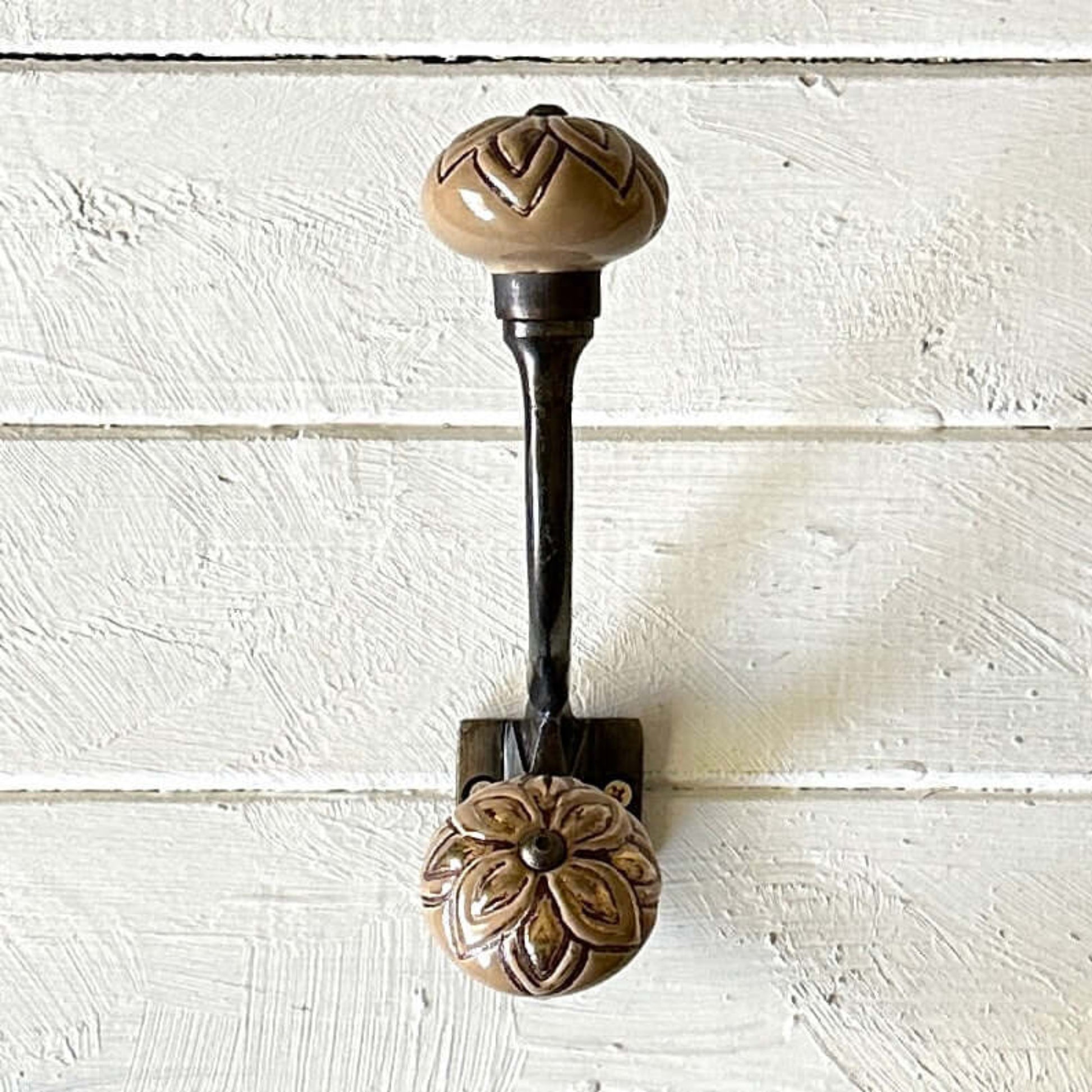 Ceramic Double Hook featuring floral and geometric designs in beige tones, stylish wall hook for decoration.