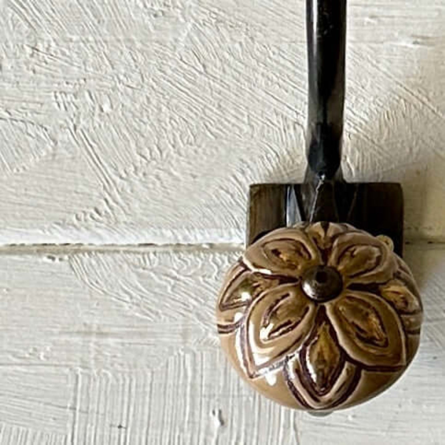 Ceramic Double Hook with floral carved motif in beige tones, vintage style decorative wall hook.