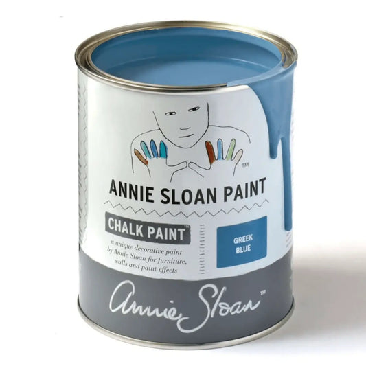 Annie Sloan Chalk Paint can with Greek Blue color on a white background