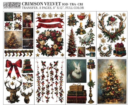 IOD Crimson Velvet Decor Transfer set featuring 8 full-color sheets with vintage Christmas designs including wreaths, stars, reindeer, Christmas trees, and festive florals.