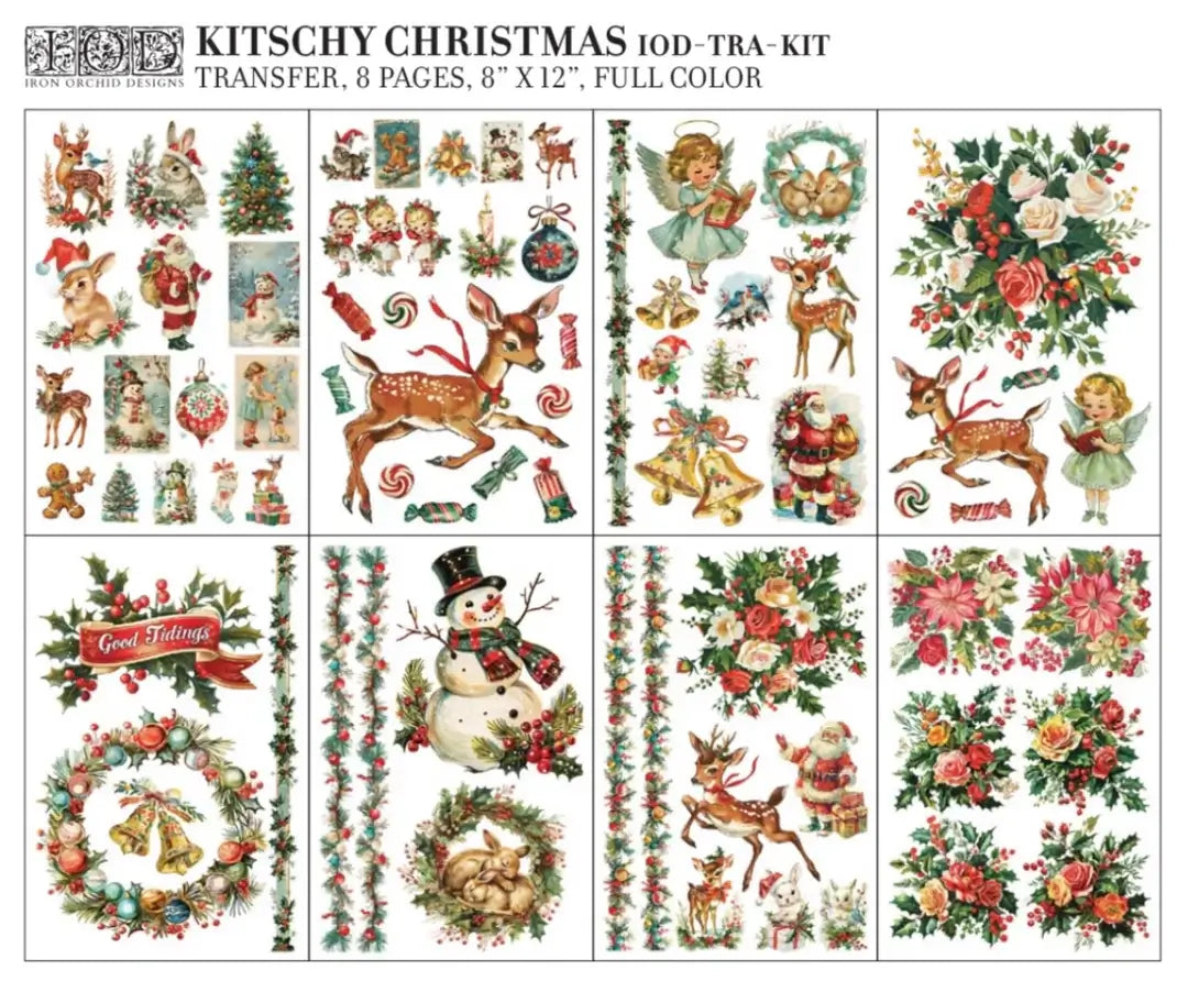 IOD Kitschy Christmas Decor Transfer set featuring 8 sheets with retro holiday designs, including reindeer, elves, snowmen, Christmas florals, and Santa Claus in vintage colors