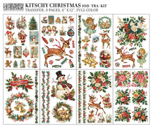 IOD Kitschy Christmas Decor Transfer set featuring 8 sheets with retro holiday designs, including reindeer, elves, snowmen, Christmas florals, and Santa Claus in vintage colors