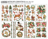 IOD Kitschy Christmas Decor Transfer set featuring 8 sheets with retro holiday designs, including reindeer, elves, snowmen, Christmas florals, and Santa Claus in vintage colors