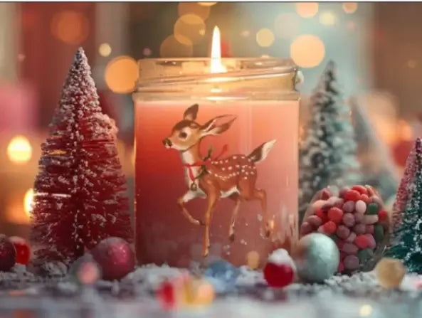 Decorative Christmas candle with a vintage-style reindeer design from the IOD Kitschy Christmas collection, surrounded by festive miniature trees and candy.