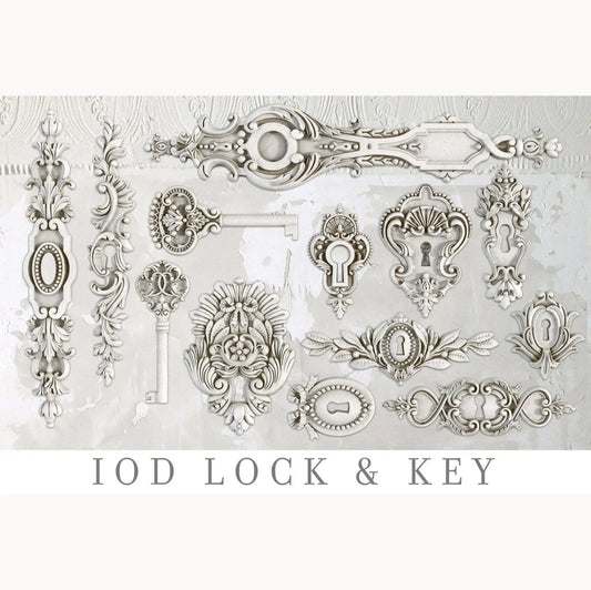 IOD Lock & Key Decor Mould showcasing vintage keys and ornate locks for crafting and baking projects.