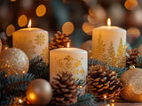 Gold-foiled Christmas candles decorated with IOD Tinsel Foil Transfer snowflakes and Christmas tree designs, displayed with pinecones and ornaments