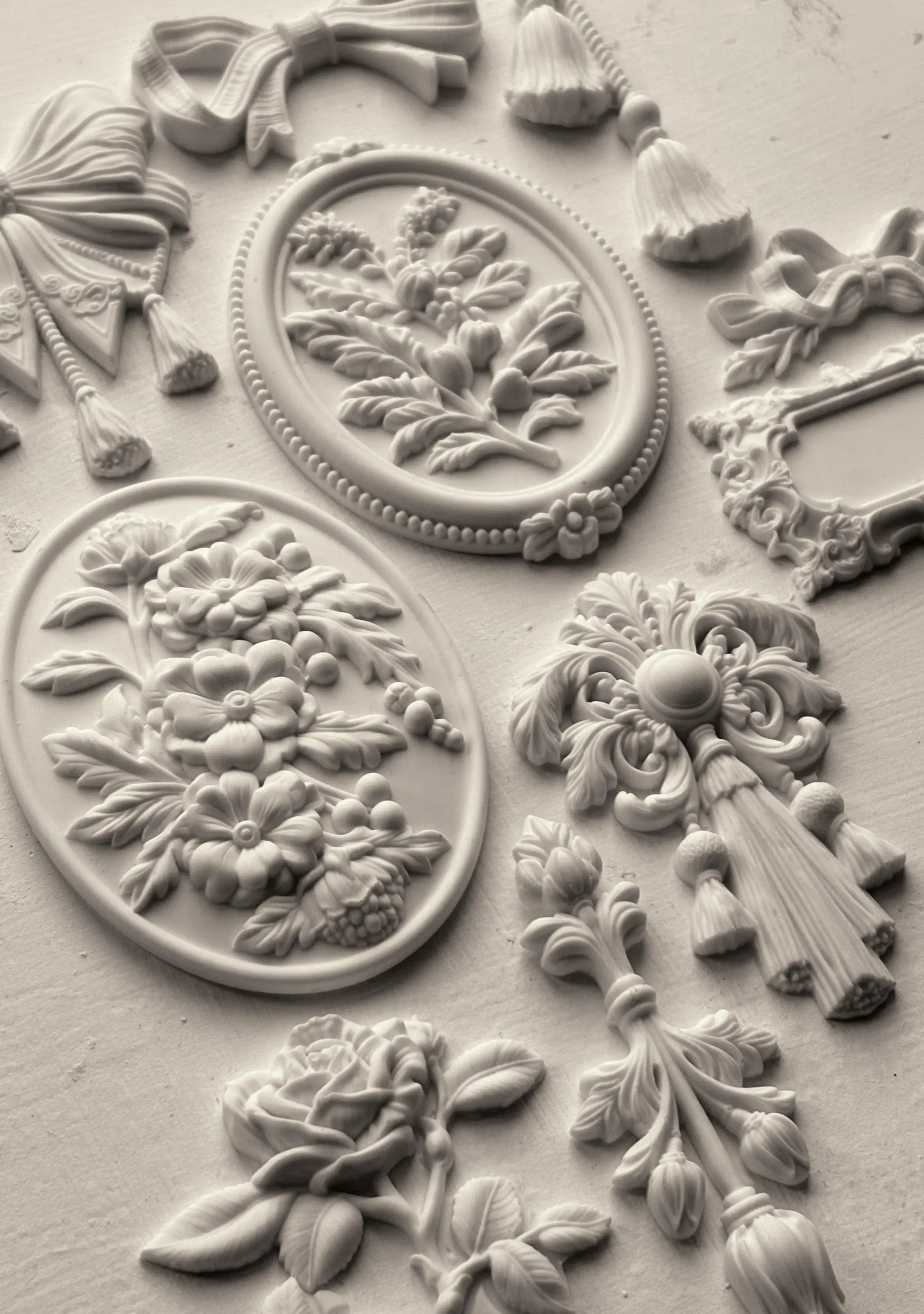 IOD Victoriana Decor Mould featuring intricate Victorian motifs, including flowers, tassels, and ornate designs.