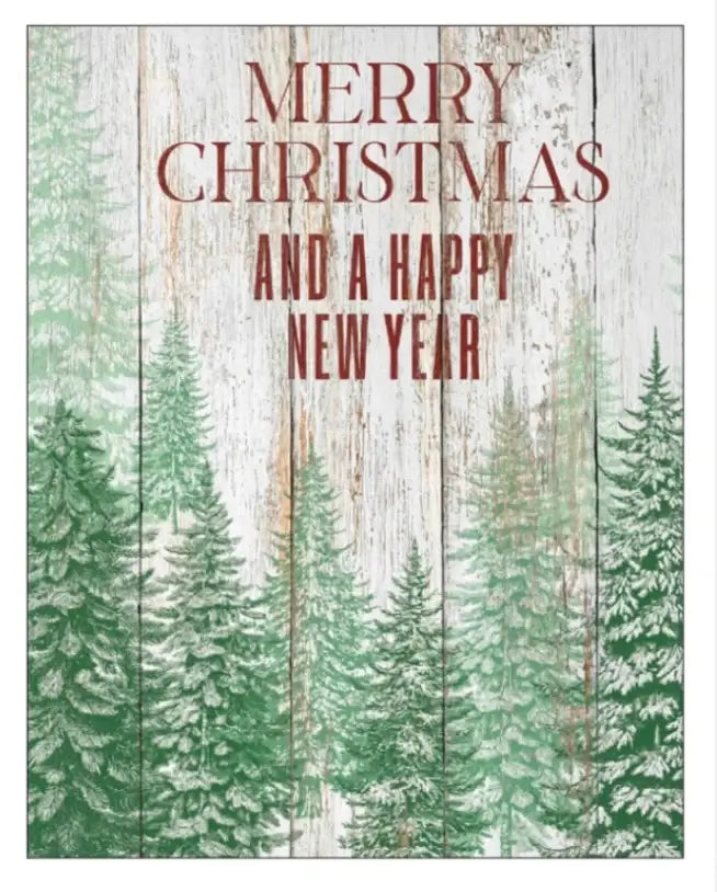 Christmas design featuring green stamped fir trees on a distressed wood background, with the message 'Merry Christmas and a Happy New Year' in bold red lettering, created using the IOD Winter Forest Stamp