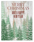 Christmas design featuring green stamped fir trees on a distressed wood background, with the message 'Merry Christmas and a Happy New Year' in bold red lettering, created using the IOD Winter Forest Stamp